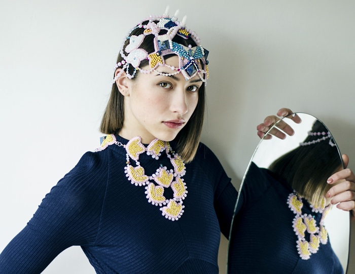 Bead embroidered headdress and necklace by Rasa Vilcinskaite